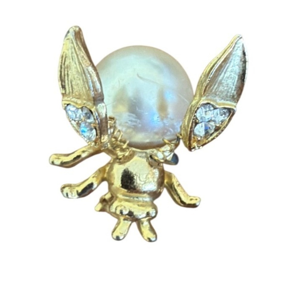 Vintage Gold Tone Faux Pearl Bumble Bee Brooch Rhinestone Wing Insect Pin 1 Inch